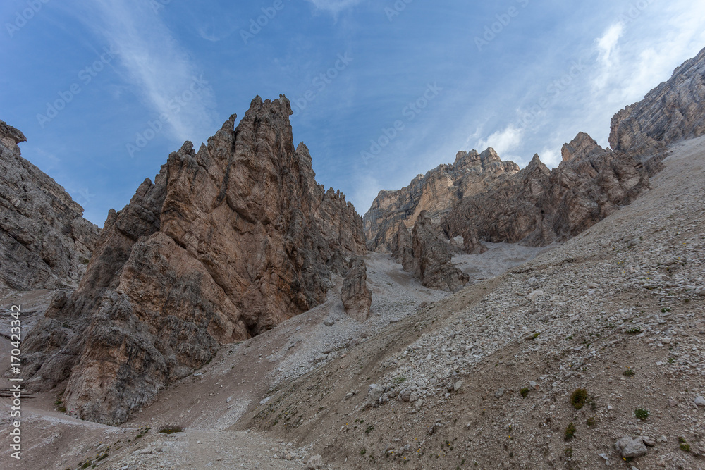 Dolomitic rocky pinnacles along path in the Tofane area, Cortina d'Ampezzo, Italy