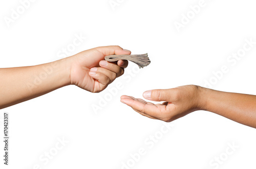 hand giving money cash on white background