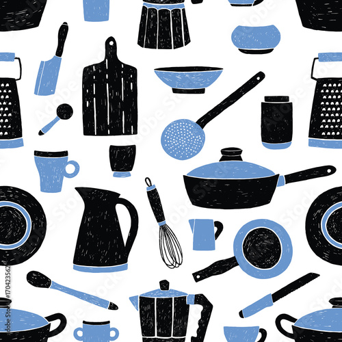 Seamless pattern with black and blue kitchen utensils, tableware, dishes and tools against white background. Vector illustration in trendy style for fabric print, wallpaper, wrapping paper, backdrop.