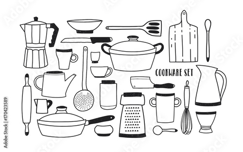 Hand drawn kitchen utensils and tools for cooking standing on shelves and hanging on hooks against white background. Drawing of cookware in monochrome colors. Vector illustration in doodle style.