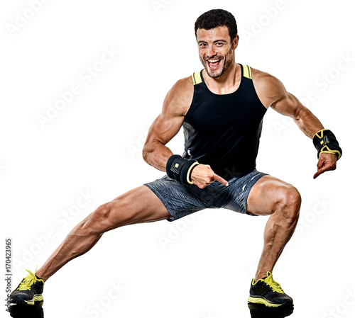 one caucasian fitness man exercising cardio boxing exercises in studio isolated on white background