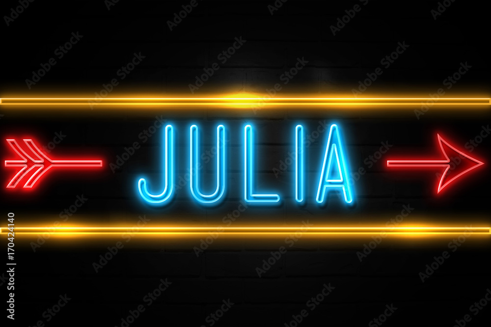 Julia - fluorescent Neon Sign on brickwall Front view Stock