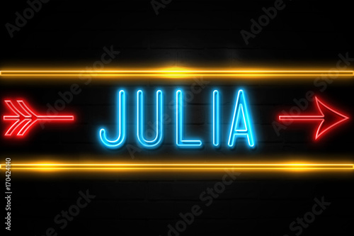 Julia  - fluorescent Neon Sign on brickwall Front view photo
