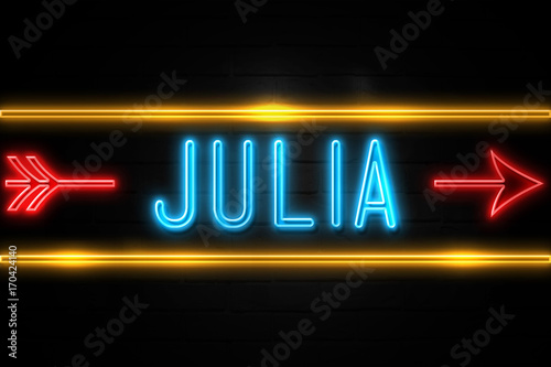 Fotografija Julia  - fluorescent Neon Sign on brickwall Front view