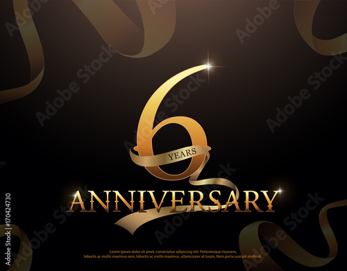 6 year anniversary celebration logotype template. 6th logo with ribbons on black background