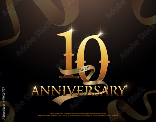 10 year anniversary celebration logotype template. 10th logo with ribbons on black background