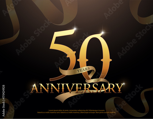 50 year anniversary celebration logotype template. 50th logo with ribbons on black background