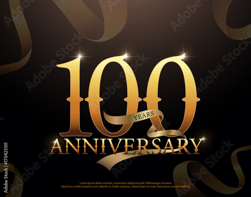 100 year anniversary celebration logotype template. 100th logo with ribbons on black background