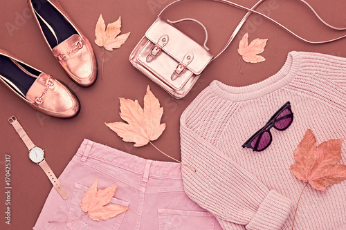 Autumn Arrives. Fashion Lady Clothes Set. Trendy Cozy Knit Jumper. Fashion Stylish Gold Handbag Clutch, Glamour Shoes, Sunglasses. Fall Leaves. Vanilla Pastel colors.