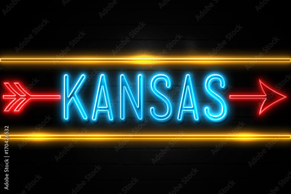 Kansas  - fluorescent Neon Sign on brickwall Front view