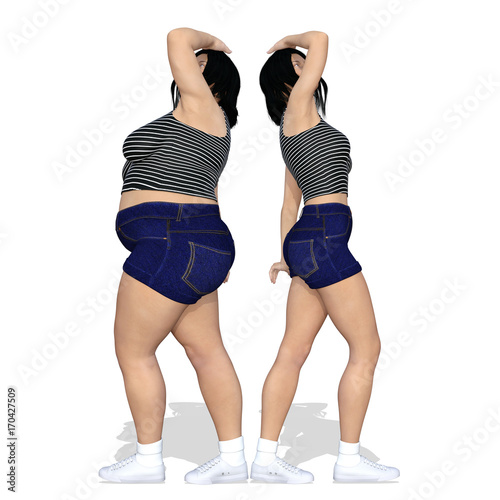 Conceptual fat overweight obese female vs slim fit healthy body after weight loss or diet with muscles thin young woman isolated. A fitness, nutrition or fatness obesity, health shape 3D illustration