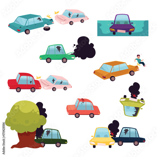 Car crash, road accident, motor vehicle collision set, flat cartoon vector illustration isolated on white background. Big cartoon set of colliding cars, road accident, knockdown, rollover, crash