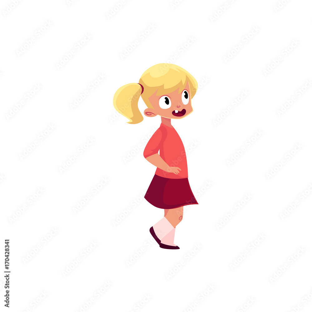 Funny preschool little girl with two ponytails wearing sweater, skirt and knee socks, cartoon vector illustration isolated on white background. Full length portrait of little girl with ponytails Funny preschool little girl with two ponytails wearing sweater, skirt and knee socks, cartoon vector illustration isolated on white background. Full length portrait of little girl with ponytails