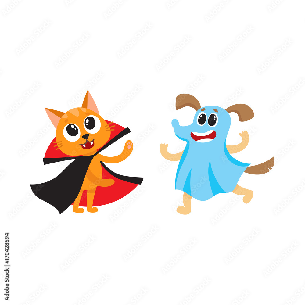 vector flat cartoon funny cat dressed up like vampire count Dracula