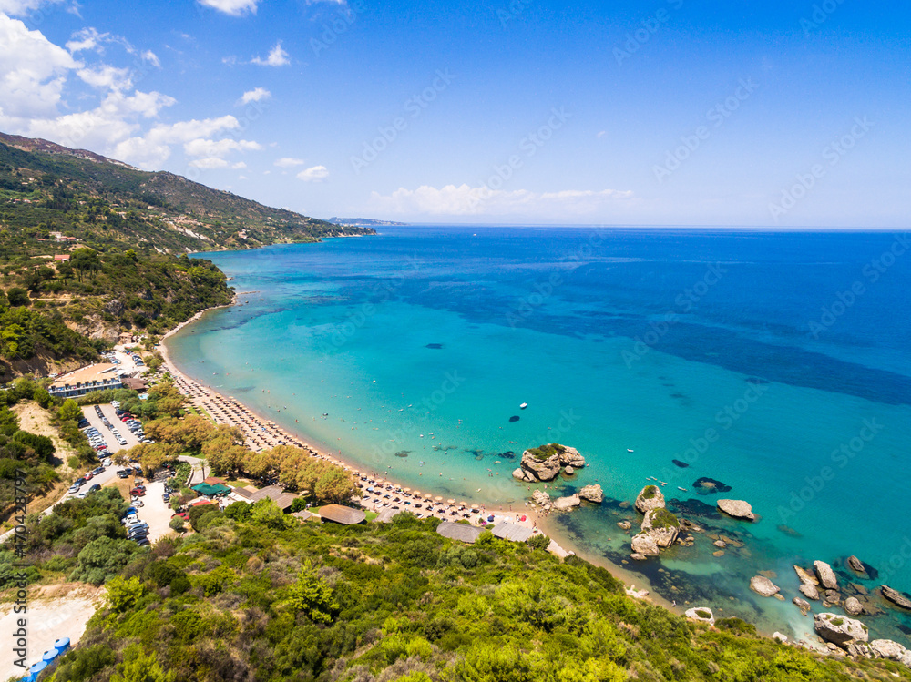 Aerial  view of Porto Zorro  Azzurro beach in Zakynthos (Zante) island, in Greece
