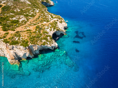 Aerial view of Agios Nikolaos blue caves in Zakynthos (Zante) island, in Greece