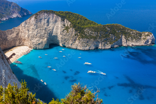 Navagio beach from Shipwreck cliff view in Zakynthos (Zante) island, in Greece