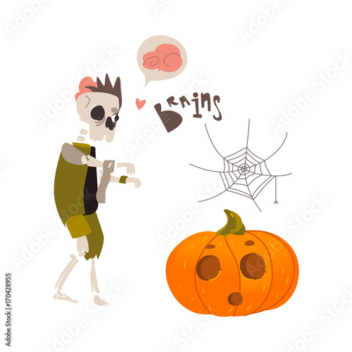 Halloween objects - skeleton zombie monster, spider web and pumpkin lantern, cartoon vector illustration isolated on white background. Cartoon skeleton zombie, Halloween pumpkin and spider web