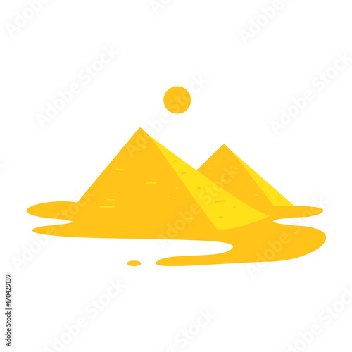Stylized landscape with two Egypt pyramids, desert and sun, flat cartoon vector illustration isolated on white background. Flat style Egypt pyramids, landmark, landscape