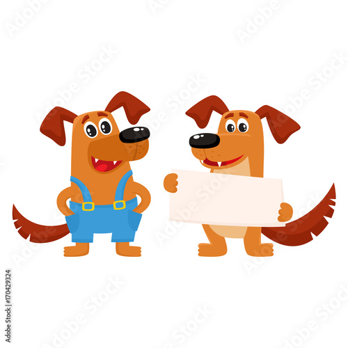 Two funny cute dog characters, one holding blank board, poster, another in blue worker overalls, cartoon vector illustration isolated on white background. Couple of funny dog characters