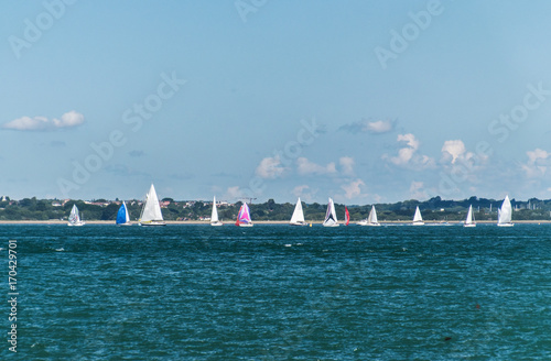 solent yachts.Yachts sailing on the solent, seen from the Isle of wights with the New Forest in the background photo