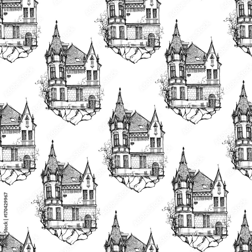 Repeated pattern. Seamless texture with beautiful vintage houses soaring on the stones. It can be used as wallpaper, desktop, printing, fabric or background for your blog, covers and your design.