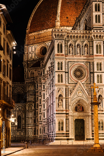 Frontage of  the Cathedral Santa Maria of the Flowers, Piazza del Duomo, Florence, Tuscany, Italy, Europe. The place is at peace after and before visitors are back all day long...