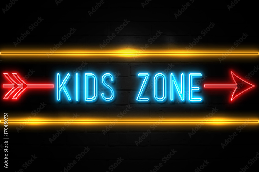 Kids Zone  - fluorescent Neon Sign on brickwall Front view