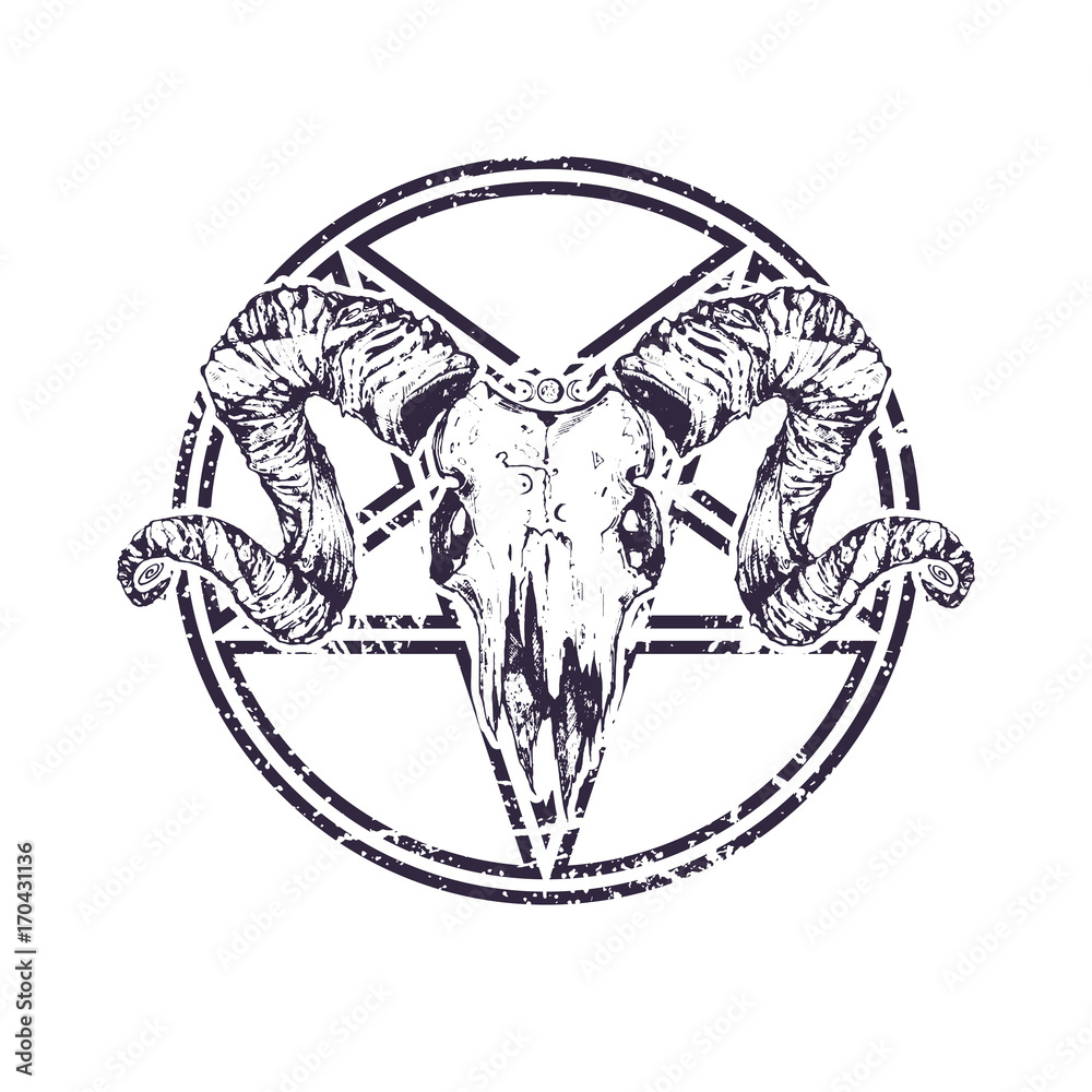 Goat skull in engraving graphic, ink technique. Vector illustration of goat  skull with sacred geometry shapes on grunge background. Good for posters,  t-shirt prints, tattoo design. Stock Vector