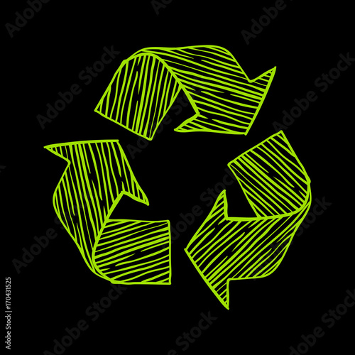 Green drawn sign of recycling on a black background. Good element for eco design. Grange style. Save environment.