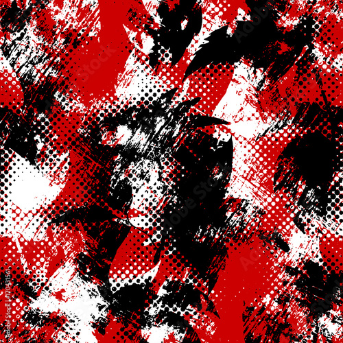 Strange chaotic background with spots and smears. Abstract seamless texture. Black, white and red colors. A little bit visible silhouette of the flower.