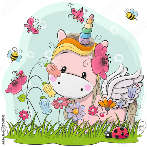 Cute Cartoon Unicorn on a meadow