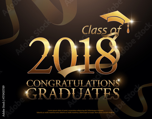 Class of 2018 Congratulations Graduates  gold text with red ribbons on dark background