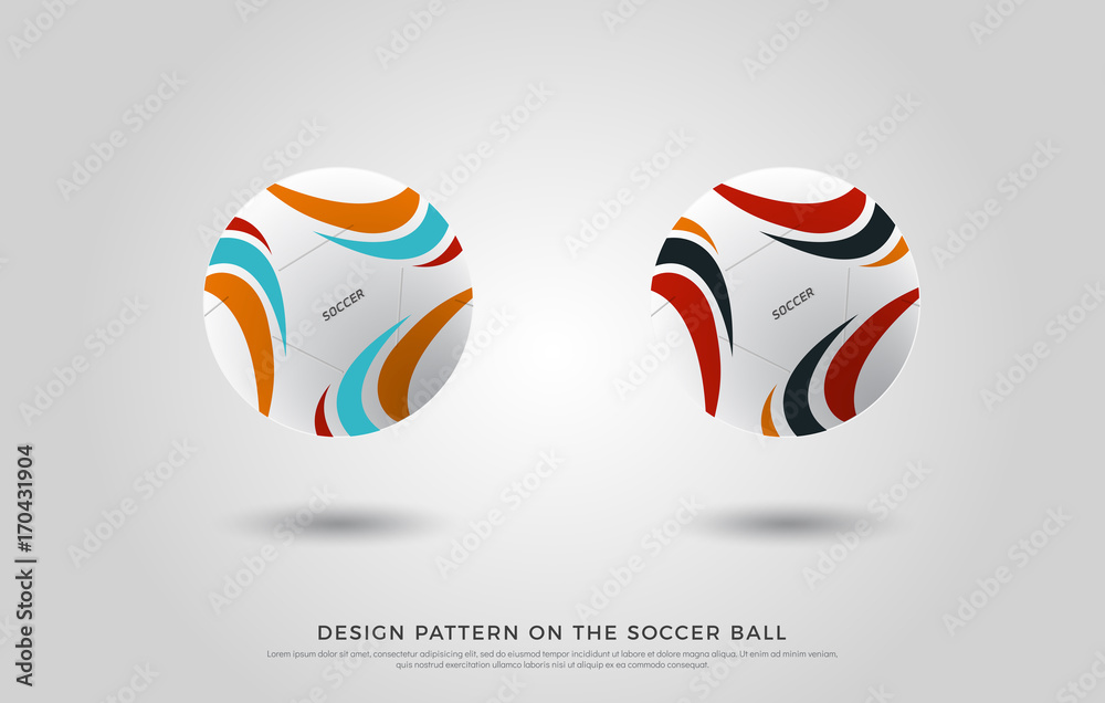 Obraz premium design pattern on the soccer ball. red, orange, black and blue color on the football mock up. Ball Vector Illustration