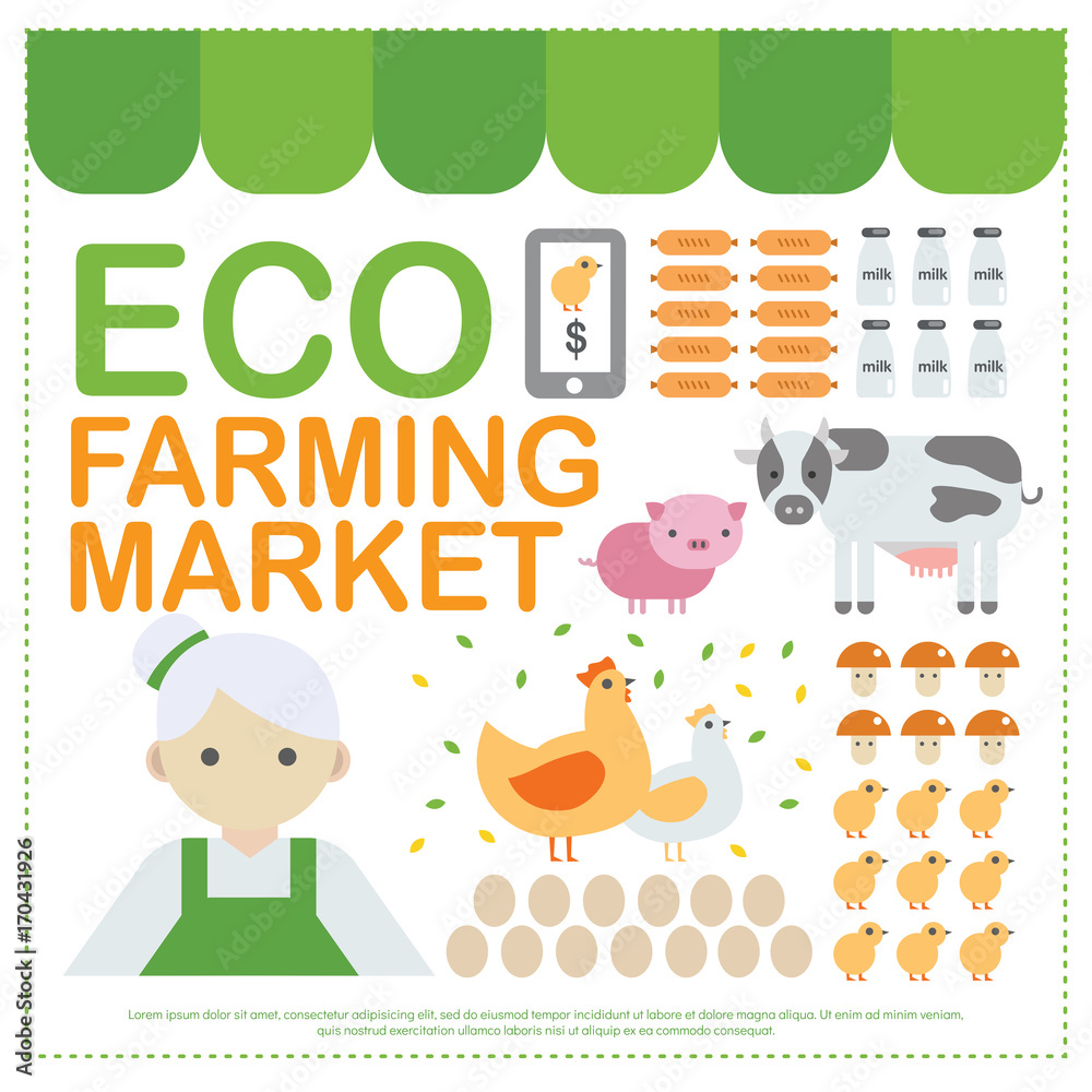Eco farming green online market infographic elements. organic clean environment products on the farm cow, milk, egg, chicken, pig and mushroom, eco online market modern template infographic elements