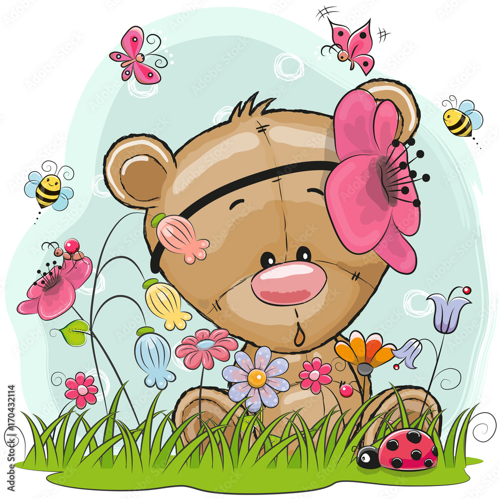 Fototapeta premium Cute Cartoon Teddy Bear girl on a meadow with flowers and butterflies