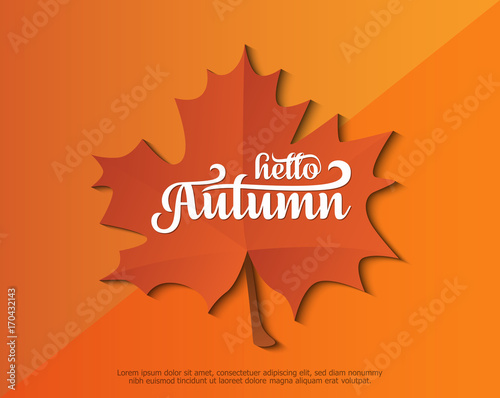 hello Autumn logo design templates for poster, cards, banners, flyers, presentations. Hello autumn logo inscription with orange maple leaf