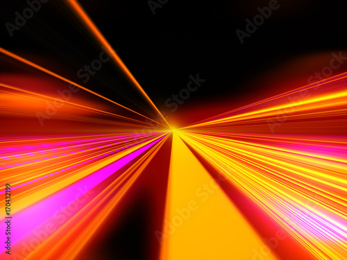 Speed motion on the neon glowing road at dark. Speed motion on the road. Colored light streaks acceleration. Abstract illustration. Pink and Orange Yellow motion streaks.