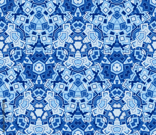 Blue abstract seamless pattern, background. Composed of geometric shapes. Useful as design element for texture and artistic compositions.