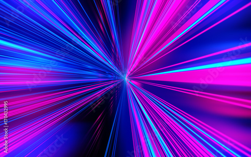 Laser beams. Speed motion on the neon glowing road at dark. Speed motion on the road. Colored light streaks acceleration. Abstract illustration. Blue and Orange Yellow motion streaks. Space gates.