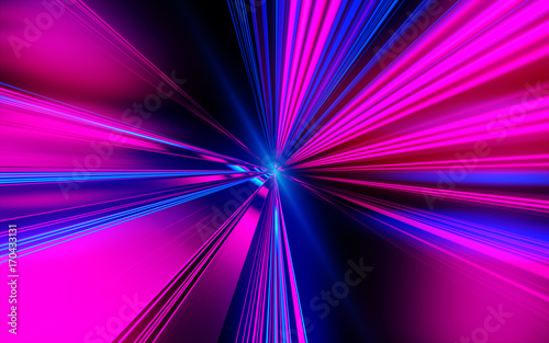 Laser beams. Speed motion on the neon glowing road at dark. Speed motion on the road. Colored light streaks acceleration. Abstract illustration. Blue and Orange Yellow motion streaks. Space gates.