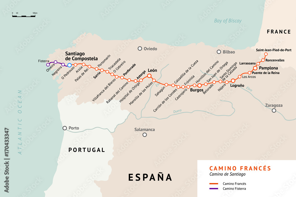 Panda Academia aluminio French Way map. Camino De Santiago or The Way of St.James. France. Ancient  pilgrimage path to the Santiago de Compostela on the north of Spain. vector  de Stock | Adobe Stock