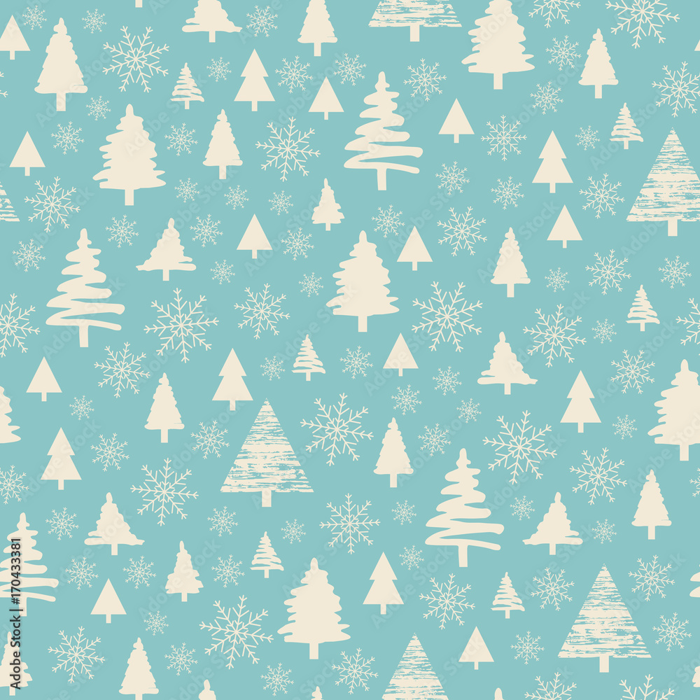 Holiday pattern Christmas decoration. Forest on a blue background. Snow in the woods. White trees and spruce. Vector illustration.