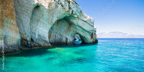 Aerial view of Agios Nikolaos blue caves in Zakynthos (Zante) island, in Greece