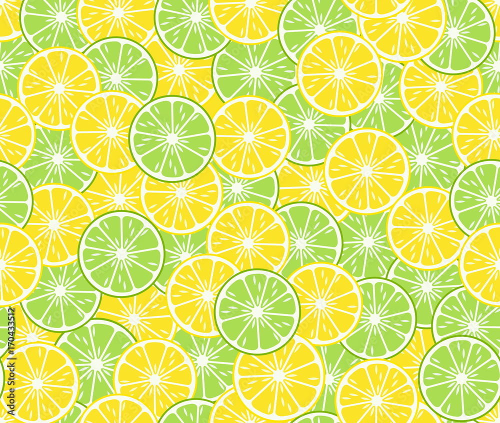 Round slices lime and lemon, seamless pattern. Bright tropical fruits. Vector illustration. Round slices lime and lemon, seamless pattern. Bright tropical fruits. Vector illustration.