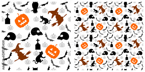 Seamless of Halloween pattern on transparent background. Single pattern is shown in the left. The example of assembly seamless is shown in the right.  