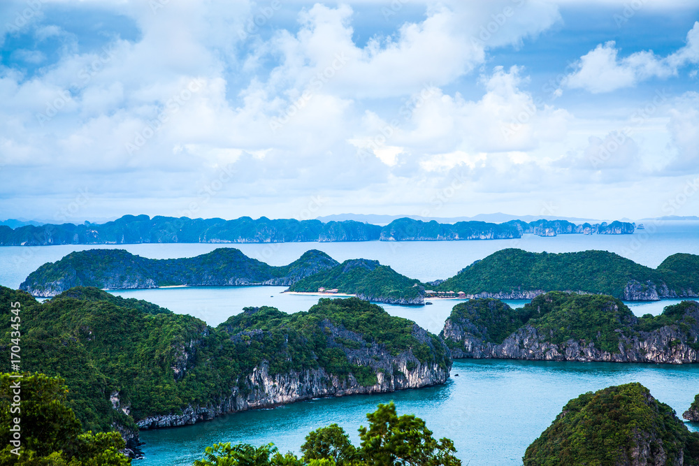 view over the  beautiful limestone rocks of Lan Ha bay from Cat  Ba island, the southern edge of Ha Long bay, Vietnam