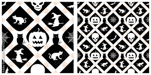 Seamless of Halloween pattern on transparent background. Single pattern is shown in the left. The example of assembly seamless is shown in the right.  