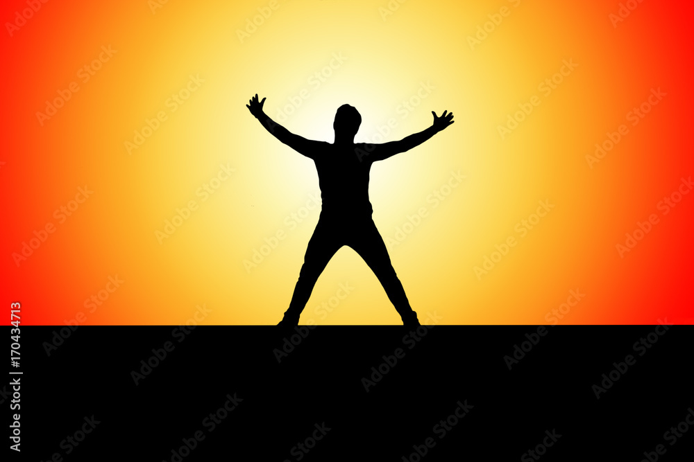 open his arms, silhouette   Women silhouette at sunset  - Stock Image