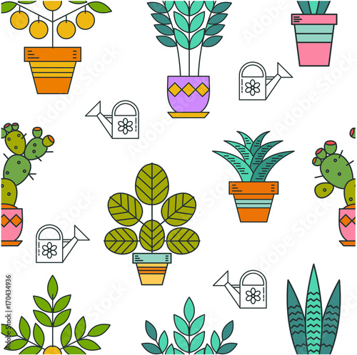 Potted plants. Vector seamless pattern.